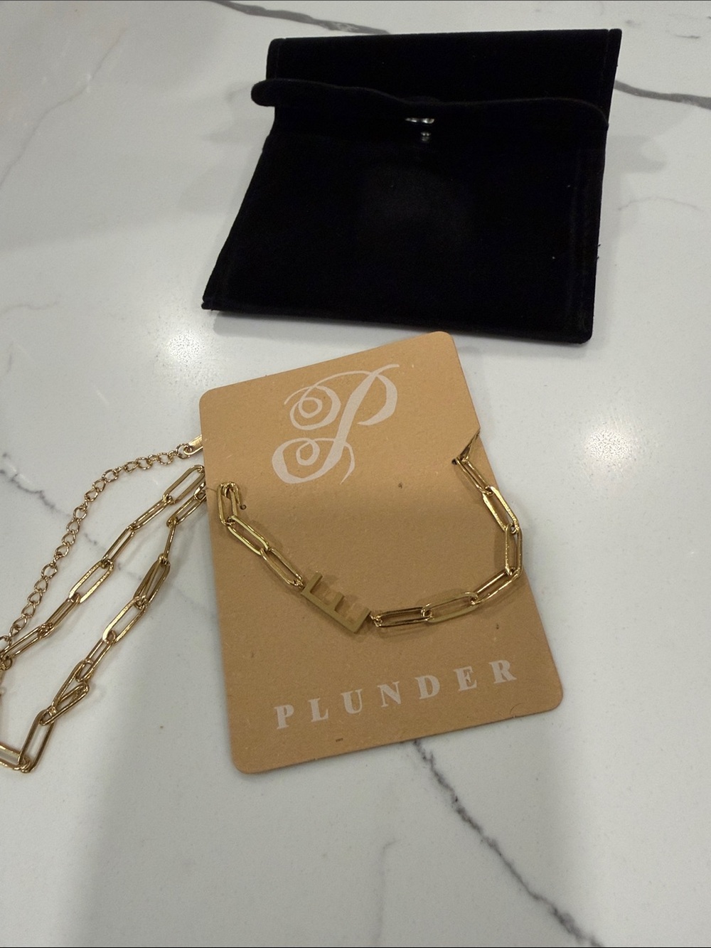 Plunder “Hayden” Gold Paperclip Link Necklace E monogram non tarnish line